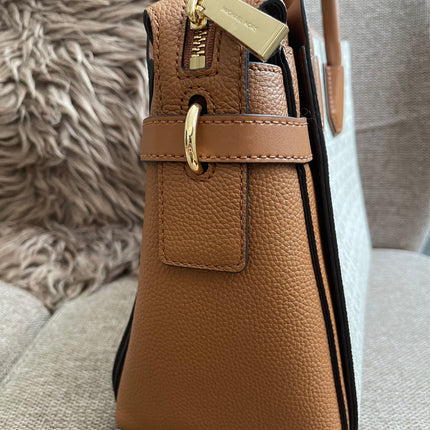 Preloved Authentic Michael Kors Mercer Tote Satchel – Vanilla Monogram Canvas with Brown Leather Trim