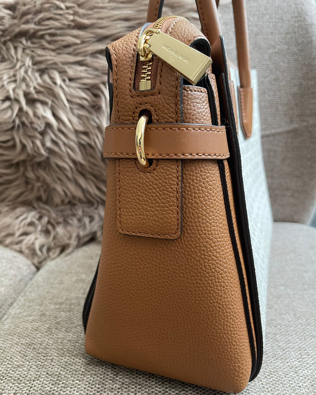Preloved Authentic Michael Kors Mercer Tote Satchel – Vanilla Monogram Canvas with Brown Leather Trim