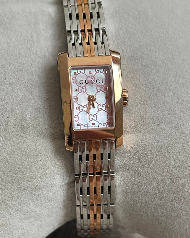 Preloved Authentic Gucci 8600L Ladies Watch — Two-Tone Rose Gold & Silver GG Dial