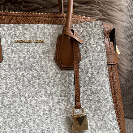 Preloved Authentic Michael Kors Mercer Tote Satchel – Vanilla Monogram Canvas with Brown Leather Trim