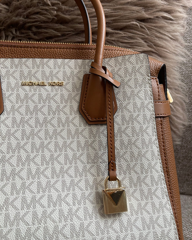 Preloved Authentic Michael Kors Mercer Tote Satchel – Vanilla Monogram Canvas with Brown Leather Trim