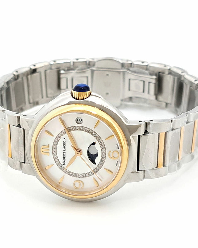 Preloved Authentic Rank SA Maurice Lacroix Fiaba Moon Phase Shell with Circle Diamonds FA1084 Quartz Stainless Steel Watch