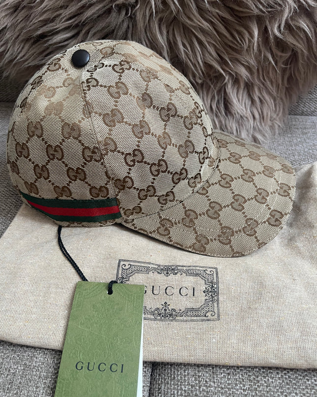 Preloved Authentic Gucci GG Canvas Baseball Cap with Web Stripe — Beige/Brown Monogram