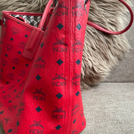 Preloved Authentic MCM Visetos Reversible Liz Shopper Tote – Ruby Red