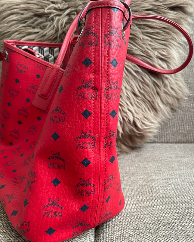 Preloved Authentic MCM Visetos Reversible Liz Shopper Tote – Ruby Red