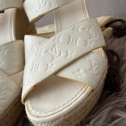 Preloved Authentic Louis Vuitton White Monogram Wedge Sandals in 36.5