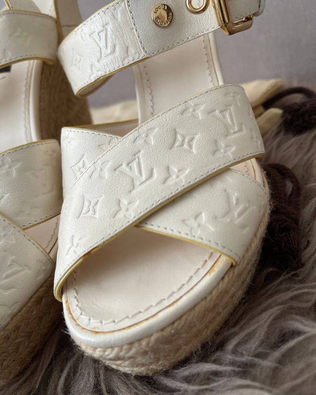 Preloved Authentic Louis Vuitton White Monogram Wedge Sandals in 36.5