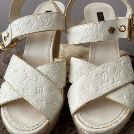 Preloved Authentic Louis Vuitton White Monogram Wedge Sandals in 36.5