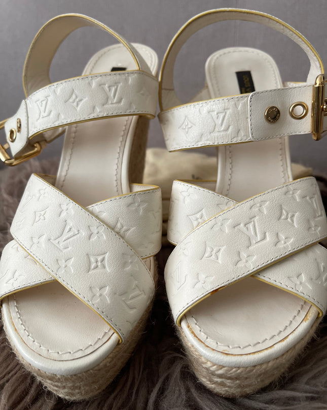 Preloved Authentic Louis Vuitton White Monogram Wedge Sandals in 36.5