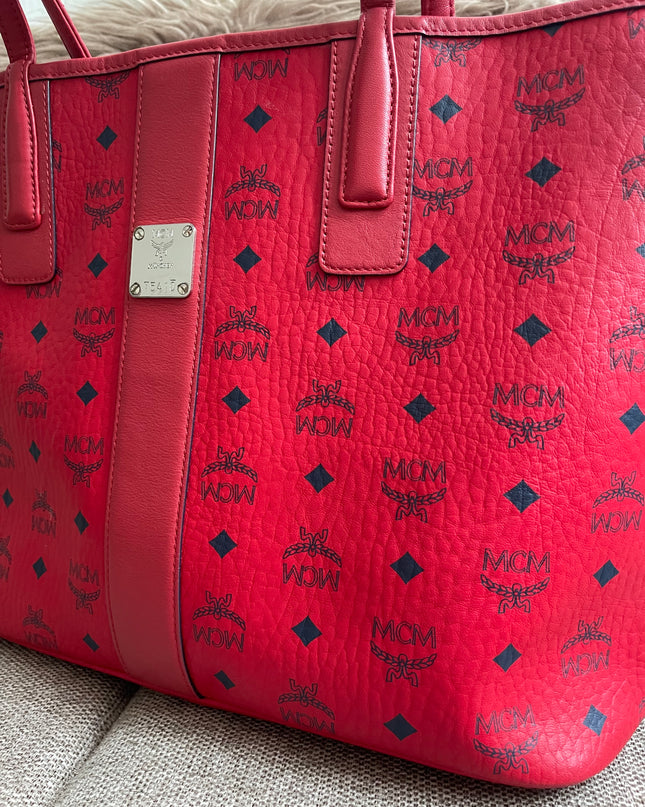 Preloved Authentic MCM Visetos Reversible Liz Shopper Tote – Ruby Red