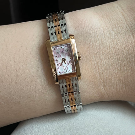 Preloved Authentic Gucci 8600L Ladies Watch — Two-Tone Rose Gold & Silver GG Dial