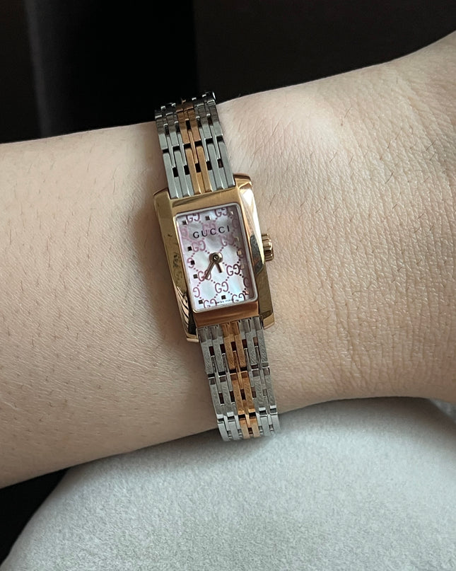 Preloved Authentic Gucci 8600L Ladies Watch — Two-Tone Rose Gold & Silver GG Dial