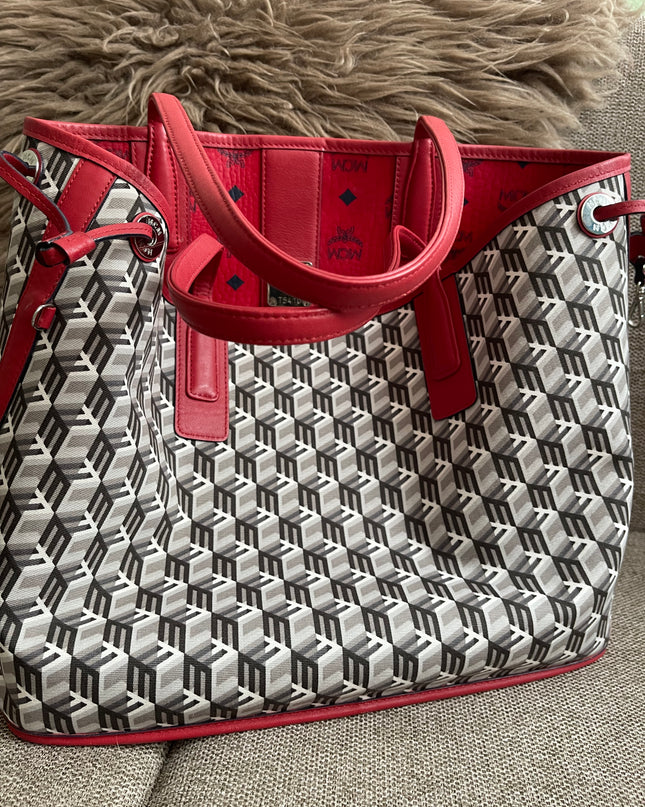 Preloved Authentic MCM Visetos Reversible Liz Shopper Tote – Ruby Red