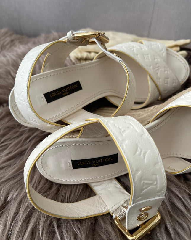 Preloved Authentic Louis Vuitton White Monogram Wedge Sandals in 36.5