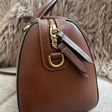 Peloved Authentic Gucci GG Supreme Duffle/Boston Mini – Tan Leather Trim with Strap