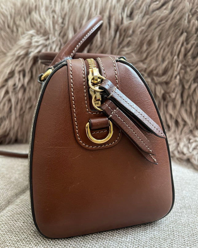 Peloved Authentic Gucci GG Supreme Duffle/Boston Mini – Tan Leather Trim with Strap