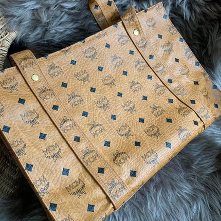 MCM Cognac Visetos Coated Canvas Medium Heritage Top Zip Shopper Tote