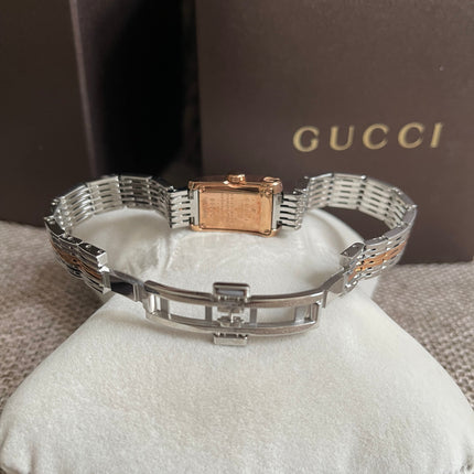 Preloved Authentic Gucci 8600L Ladies Watch — Two-Tone Rose Gold & Silver GG Dial
