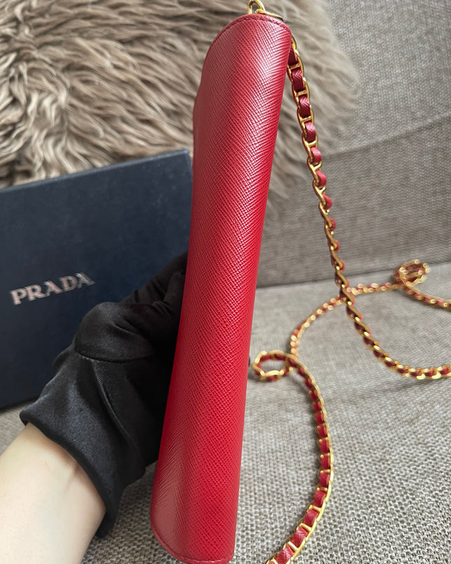 Preloved Authentic Prada Saffiano Metal Wallet on Chain in Fuoco Red