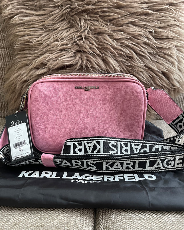 Peloved Authentic Karl Lagerfeld Paris Camera Bag – Pink Pebbled Leather, Logo Strap (Brand New)
