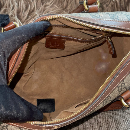 Peloved Authentic Gucci GG Supreme Duffle/Boston Mini – Tan Leather Trim with Strap