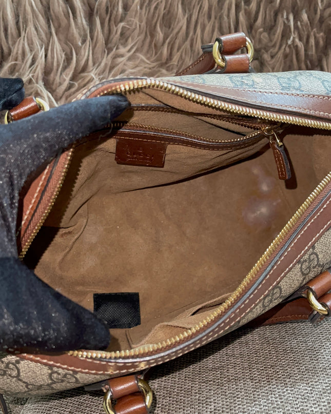 Peloved Authentic Gucci GG Supreme Duffle/Boston Mini – Tan Leather Trim with Strap