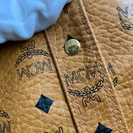 MCM Cognac Visetos Coated Canvas Medium Heritage Top Zip Shopper Tote