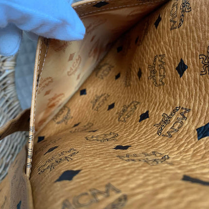 MCM Cognac Visetos Coated Canvas Medium Heritage Top Zip Shopper Tote