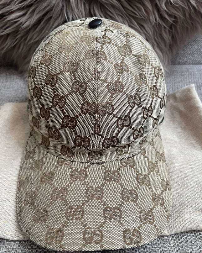 Preloved Authentic Gucci GG Canvas Baseball Cap with Web Stripe — Beige/Brown Monogram