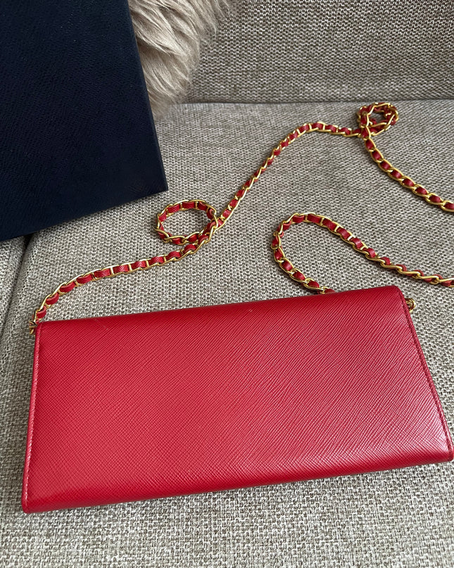 Preloved Authentic Prada Saffiano Metal Wallet on Chain in Fuoco Red