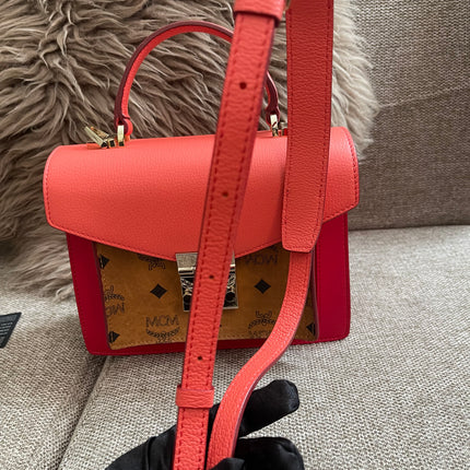 Preloved Authentic MCM Patricia Top Handle Bag – Fiesta Red with Cognac Visetos Panel