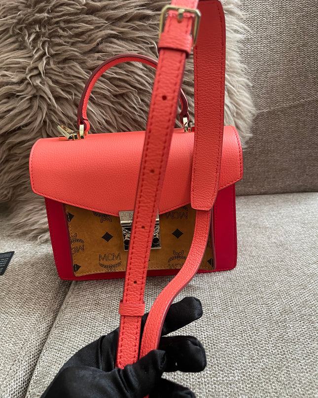 Preloved Authentic MCM Patricia Top Handle Bag – Fiesta Red with Cognac Visetos Panel