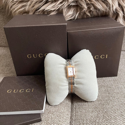 Preloved Authentic Gucci 8600L Ladies Watch — Two-Tone Rose Gold & Silver GG Dial