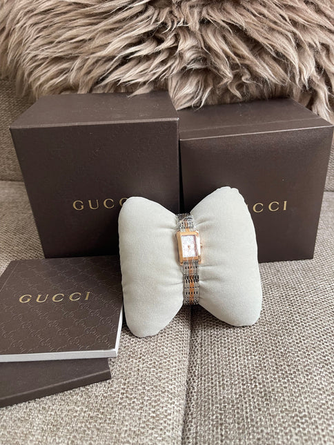 Preloved Authentic Gucci 8600L Ladies Watch — Two-Tone Rose Gold & Silver GG Dial