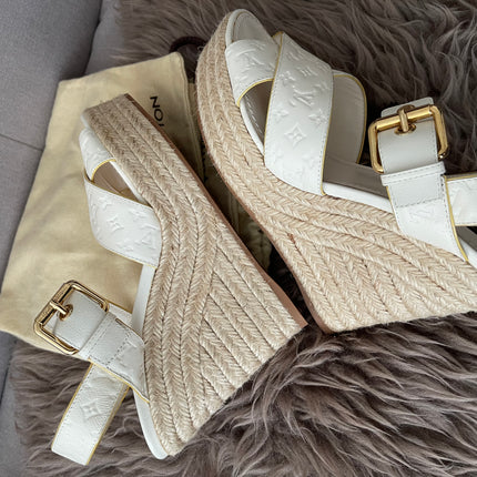 Preloved Authentic Louis Vuitton White Monogram Wedge Sandals in 36.5