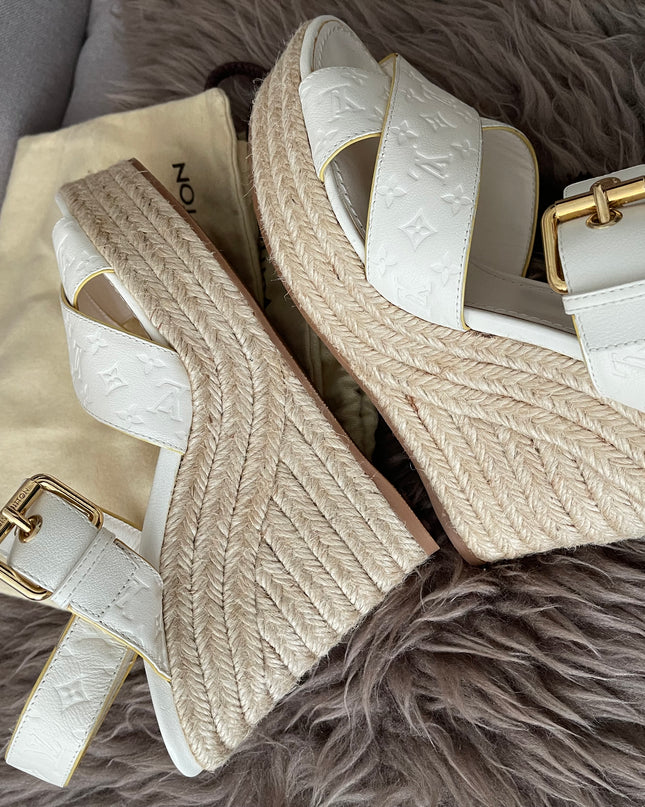 Preloved Authentic Louis Vuitton White Monogram Wedge Sandals in 36.5