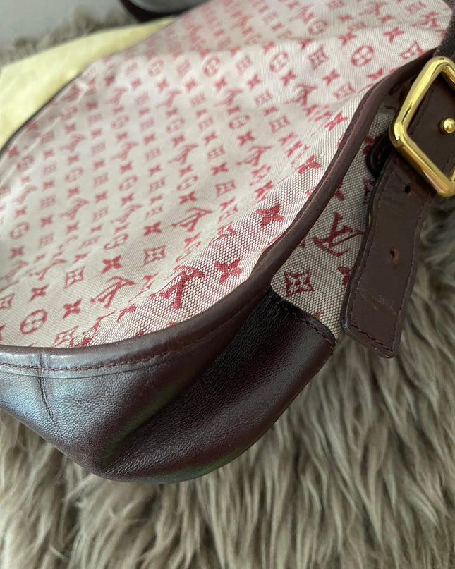 Preloved Authentic Louis Vuitton Monogram Mini Lin Marjorie shoulder bag in burgundy cloth with leather trim