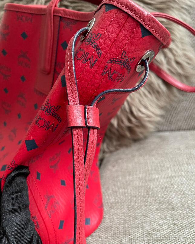 Preloved Authentic MCM Visetos Reversible Liz Shopper Tote – Ruby Red