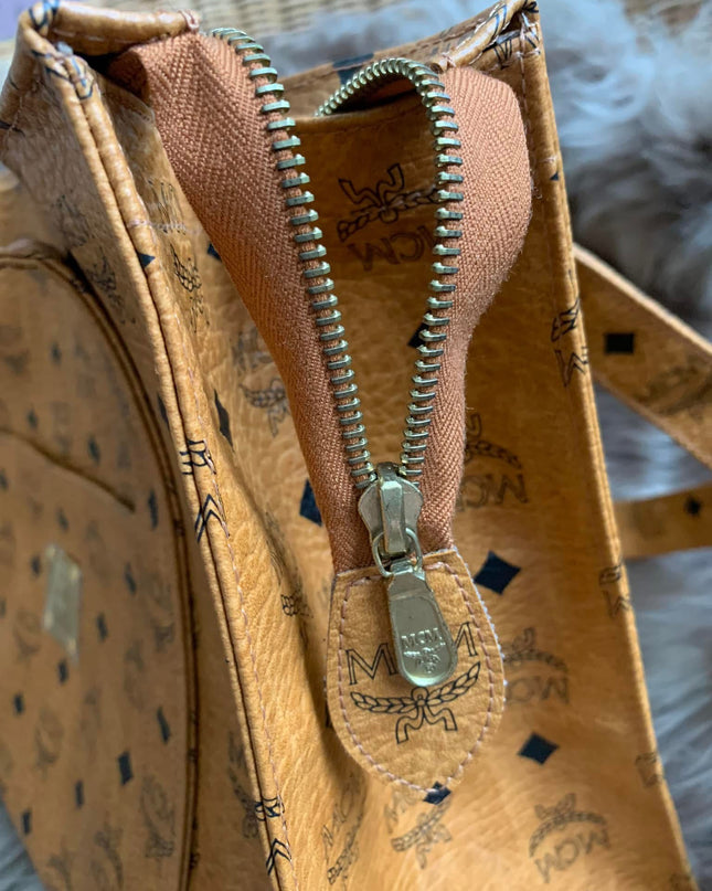 MCM Cognac Visetos Coated Canvas Medium Heritage Top Zip Shopper Tote