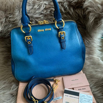 Miu Miu Two Tone Blue Madras Leather Doctor Satchel