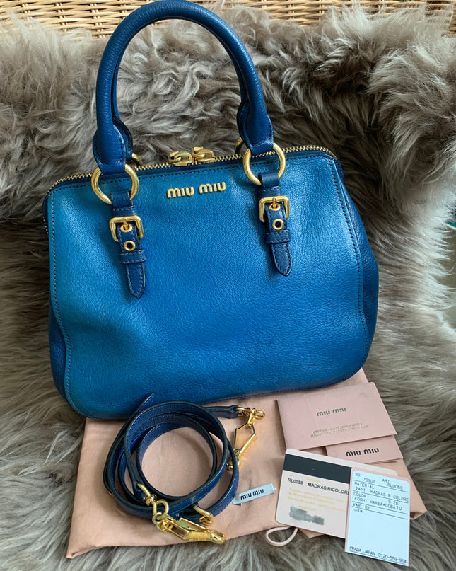 Miu Miu Two Tone Blue Madras Leather Doctor Satchel