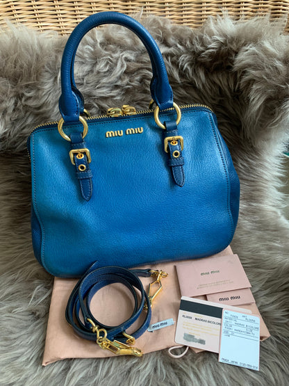 Miu Miu Two Tone Blue Madras Leather Doctor Satchel
