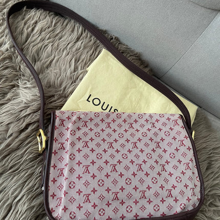 Preloved Authentic Louis Vuitton Monogram Mini Lin Marjorie shoulder bag in burgundy cloth with leather trim