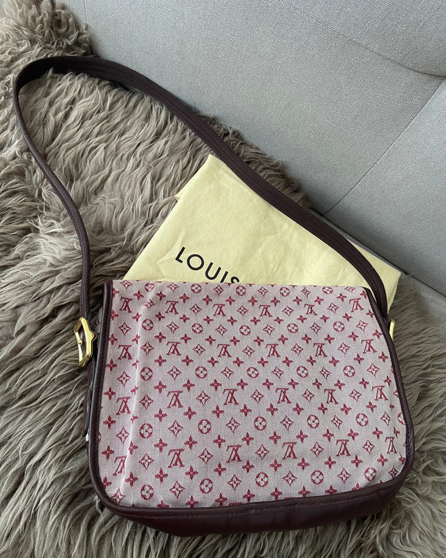 Preloved Authentic Louis Vuitton Monogram Mini Lin Marjorie shoulder bag in burgundy cloth with leather trim