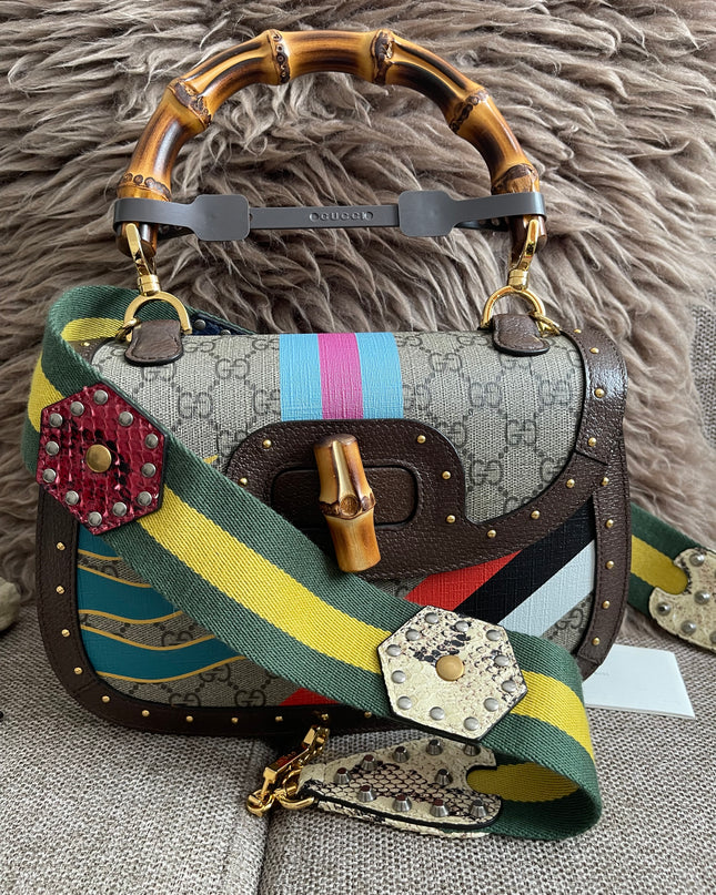 Preloved Authentic Gucci GG Supreme Canvas Leather and Python Medium Bamboo 1947 Top Handle Bag