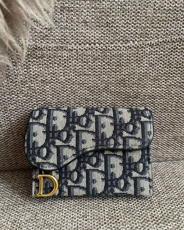 Preloved Authentic Dior Saddle Compact Wallet – Blue Oblique Jacquard