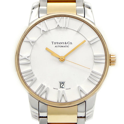 Preloved Authentic Rank A Tiffany Atlas Dome TIFFANY & Co. Tiffany Atlas Dome Z1810.68.15A21A00A, 50m Water Resistant, Date Display, See-Through Back, Silver, Stainless Steel, and Yellow Gold, Men's Automatic Watch