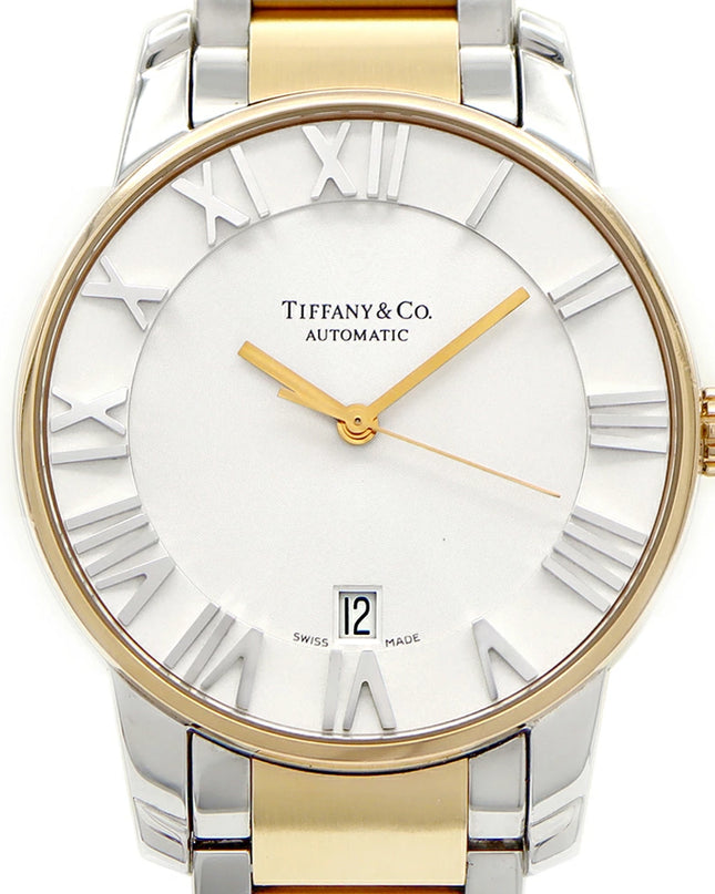 Preloved Authentic Rank A Tiffany Atlas Dome TIFFANY & Co. Tiffany Atlas Dome Z1810.68.15A21A00A, 50m Water Resistant, Date Display, See-Through Back, Silver, Stainless Steel, and Yellow Gold, Men's Automatic Watch
