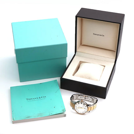 Preloved Authentic Rank A Tiffany Atlas Dome TIFFANY & Co. Tiffany Atlas Dome Z1810.68.15A21A00A, 50m Water Resistant, Date Display, See-Through Back, Silver, Stainless Steel, and Yellow Gold, Men's Automatic Watch