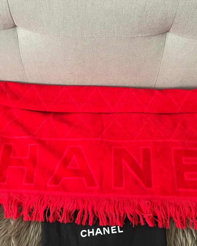 Preloved Authentic Chanel Red Terry Cloth Beach Bag and Towel Set